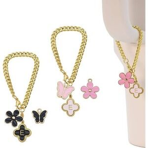 Cup Charms Chain Bracelet for Tumbler, Decorative Flower Butterfly Gold Chain